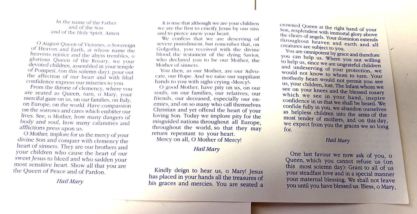 Tri-fold Catholic prayer card featuring Our Lady of the Rosary of Pompei from Bob and Penny Lord, with religious imagery.