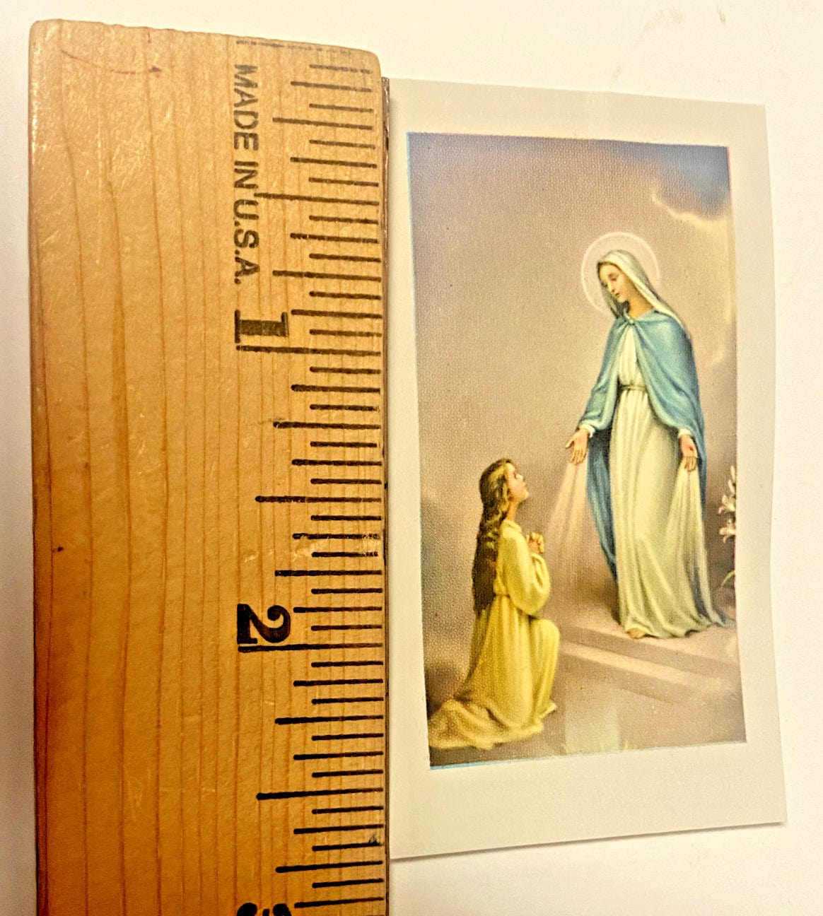 Small Our Lady of Grace religious image card with two silver tone medals on pin, perfect for Christian spiritual collectibles.