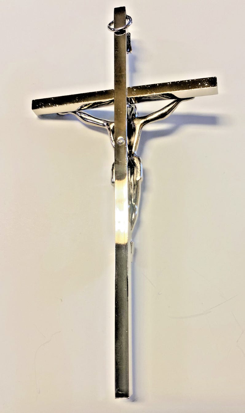 Small 6-inch silver and white crucifix from Bob and Penny Lord, featuring detailed Christian religious symbolism.