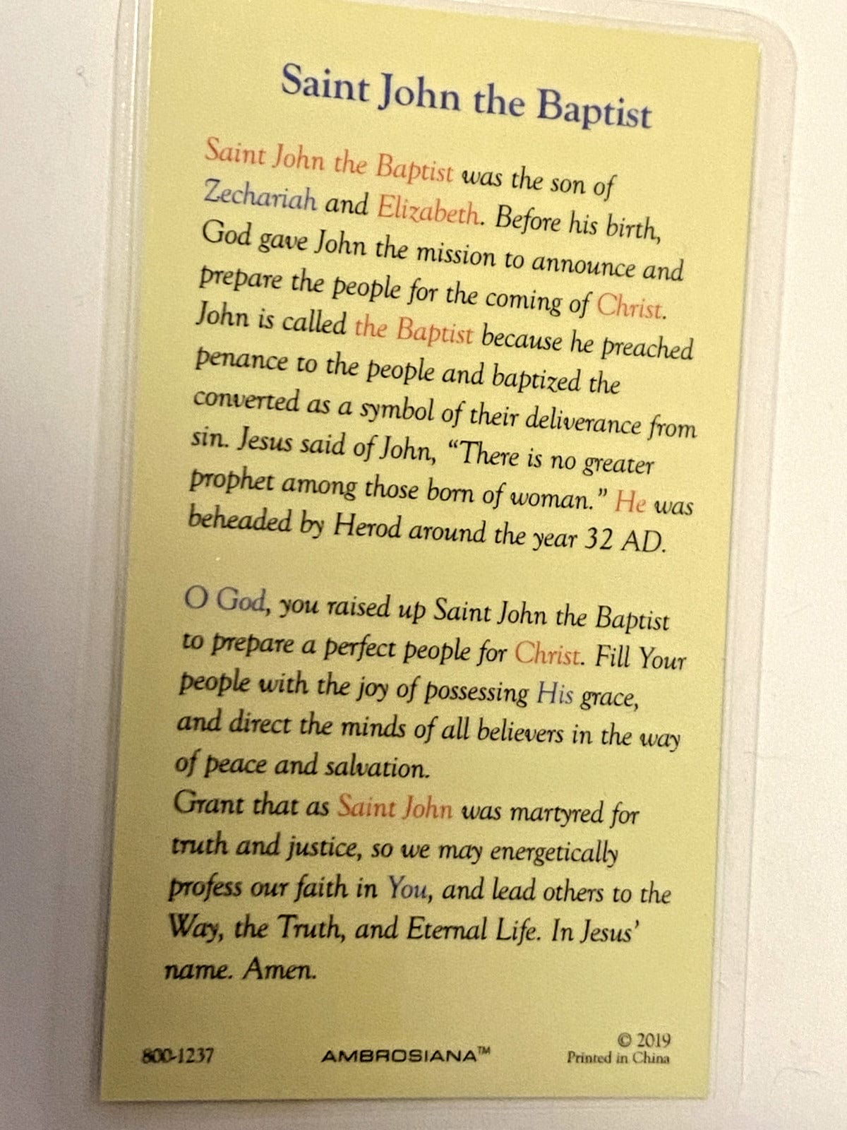 Saint John the Baptist Laminated Prayer Card, New - Bob and Penny Lord Journeys of Faith