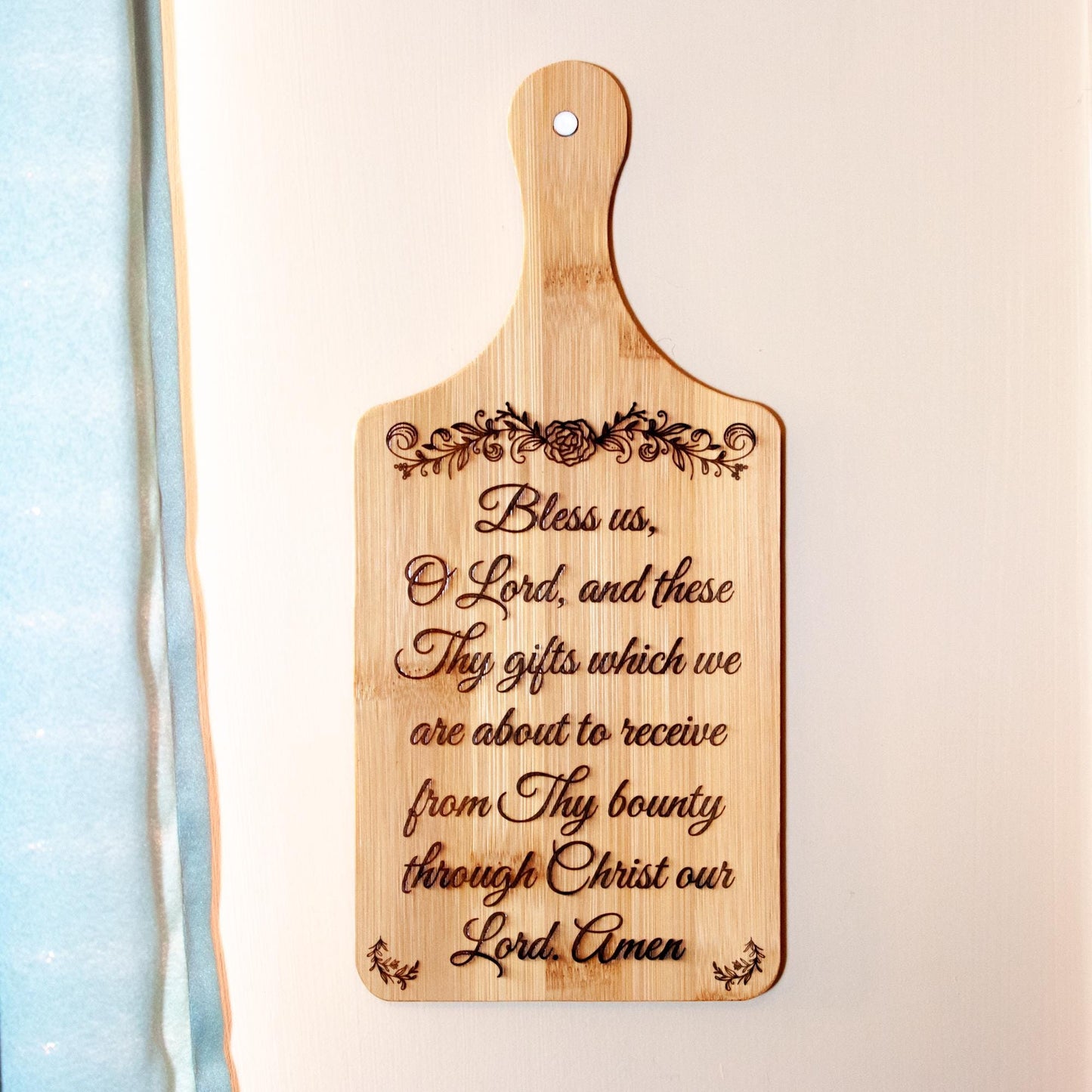 Grace Before Meals, Bless Us O Lord, Decorative Bamboo Cutting Board, 11" x 5" x 0.39" | Engraved in the USA | Catholic Living - Journeys of Faith