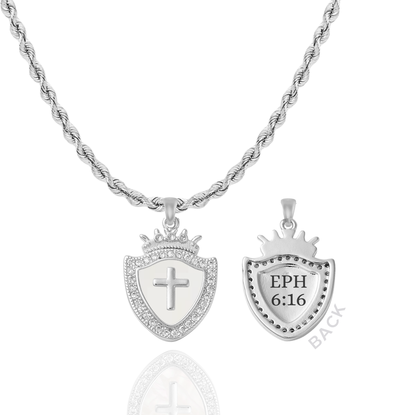 AMADI Jewelry Shield of Faith Necklace with Ephesians 6:16 pendant, silver-tone chain, detailed religious design.