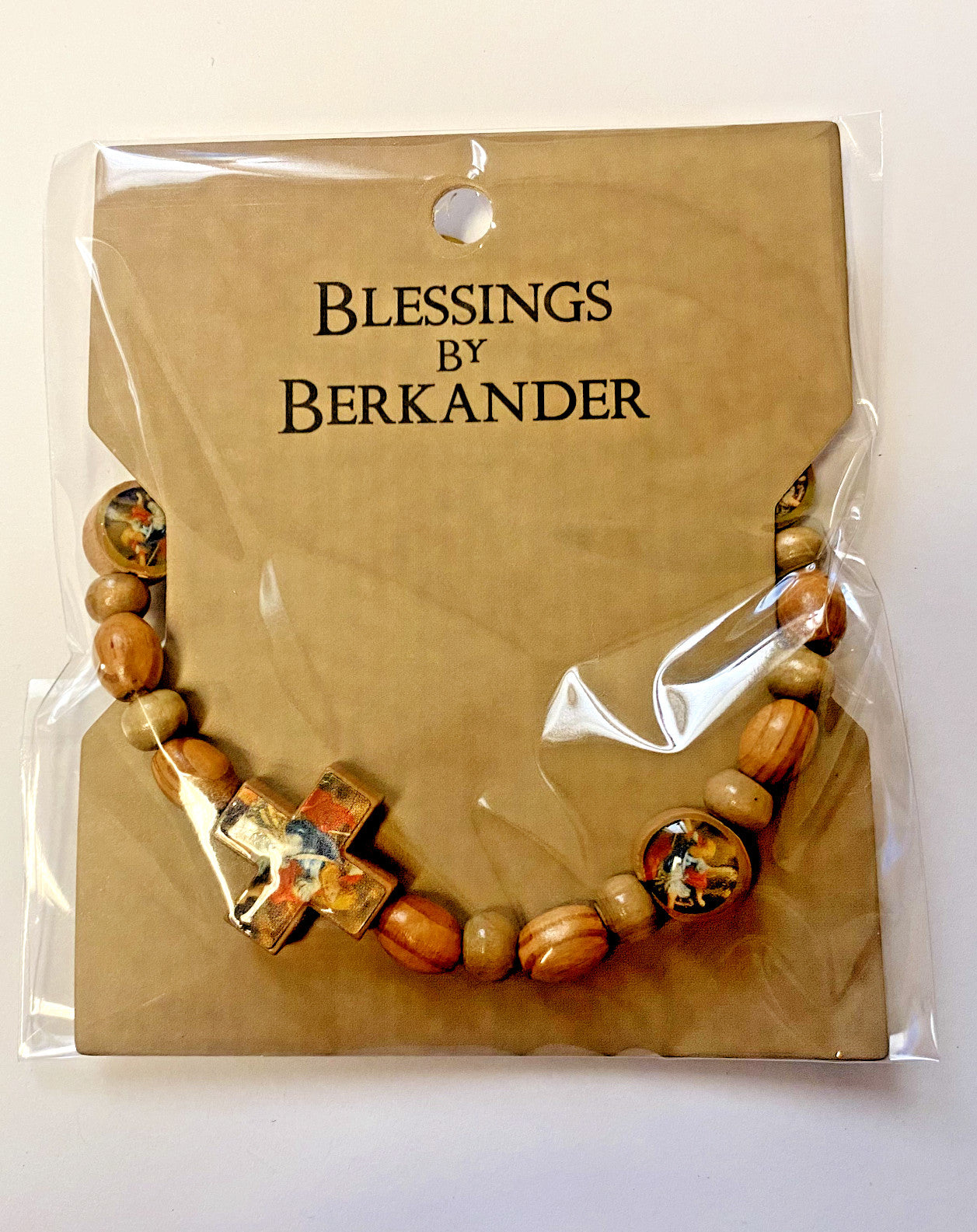 Wood bead bracelet featuring Saint Michael the Archangel pendant, Christian jewelry collectible by Bob and Penny Lord.