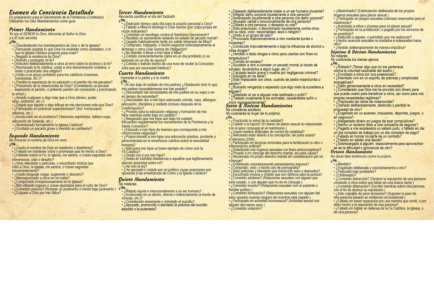 Detailed Examination of Conscience - Prayer Card -SPANISH (c) - Journeys of Faith