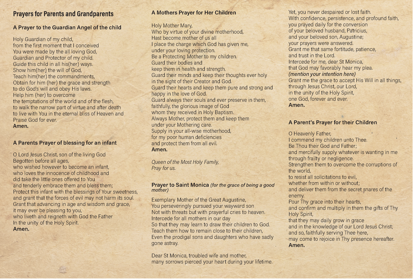Prayers for Parents and Grandparents - Prayer Card / 3" x 6" folded (c) - Journeys of Faith