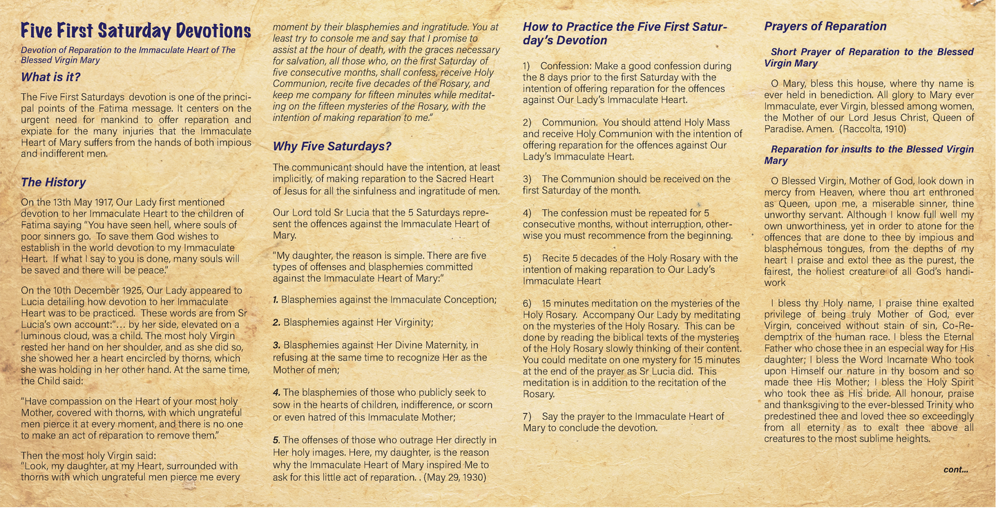 NEW! 5 First Saturday Devotions - Prayer Card / 3" x 6" folded (c) - Journeys of Faith