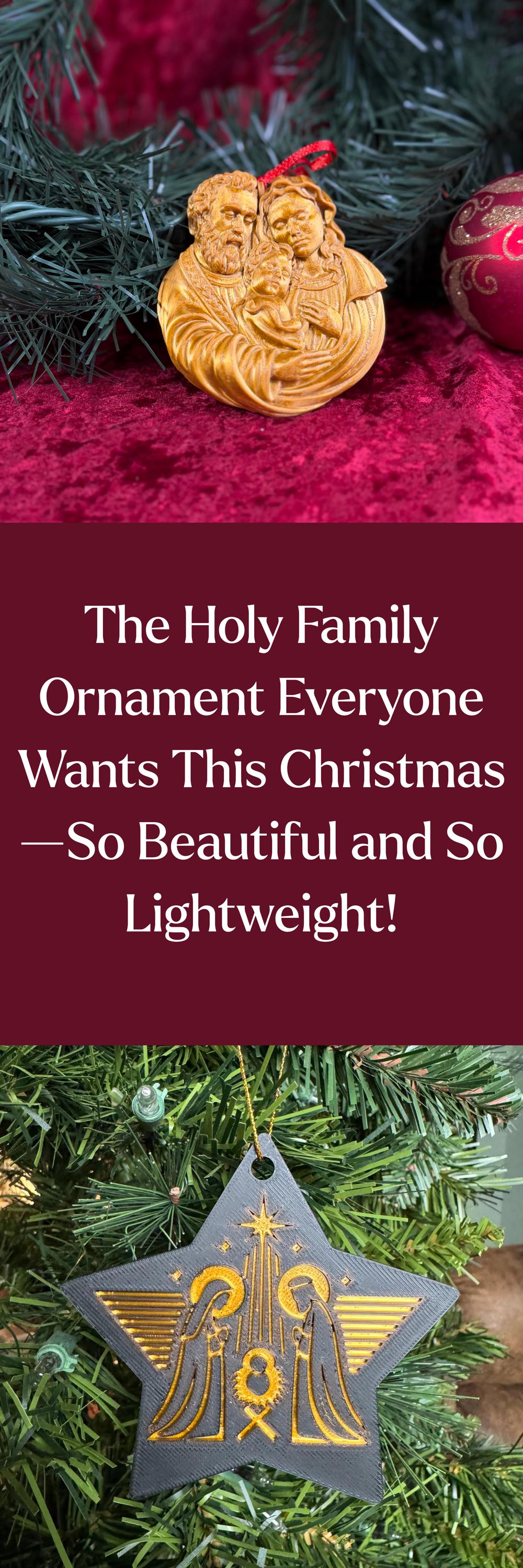 Holy Family Christmas ornament by St. Augustine Prints featuring a detailed depiction of the nativity scene and the Holy Family.