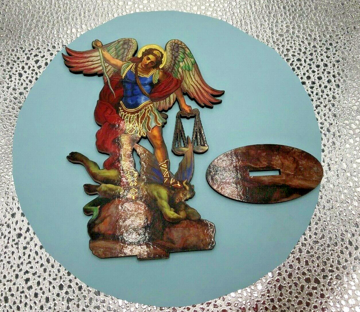 Saint Michael the Archangel 6-inch laser-etched wood statue from Journeys of Faith, depicting the angel in a detailed religious figure.