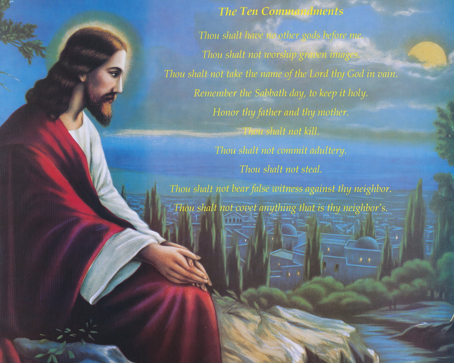 The Ten Commandments with Jesus Praying in Red Robe Religious Wall Poster Art Print 16x20" - Journeys of Faith