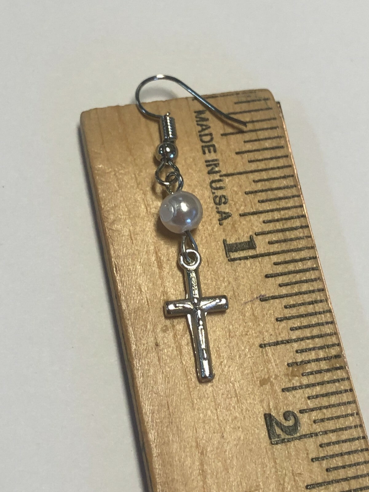 Crucifix & Faux Pearl Earrings, Silvertone, New #MD-048 - Journeys of Faith