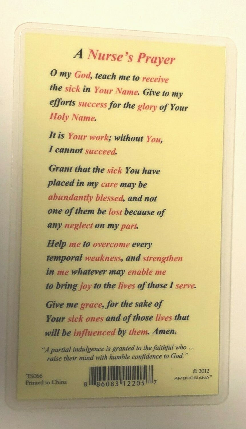 A Nurse's Prayer Card, Laminated with Image of Our Lady in Prayer, new #PCL-49 - Journeys of Faith