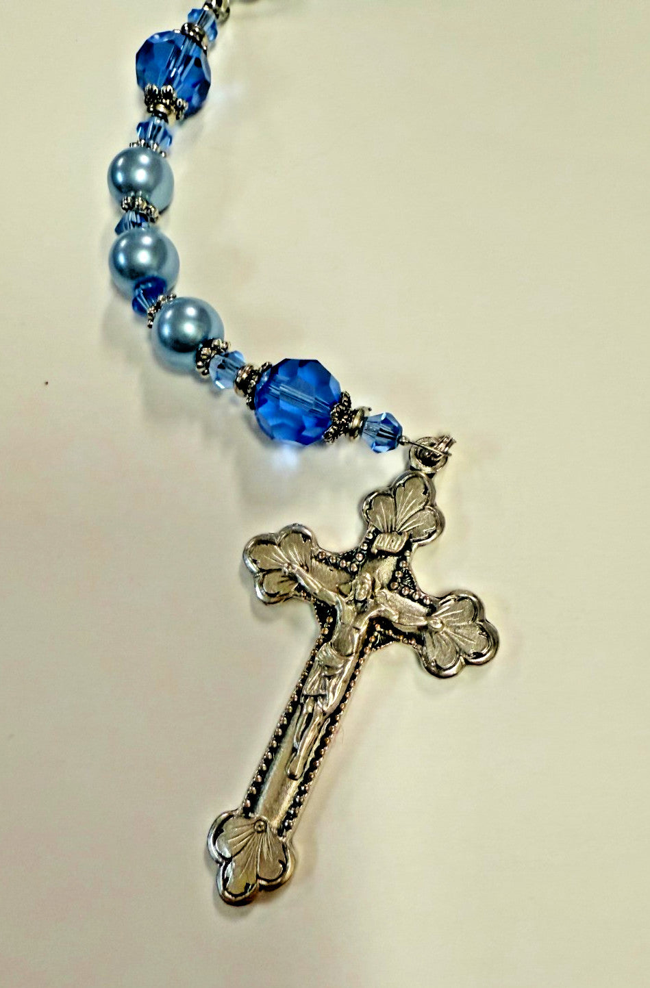 Blue Rosary with Faux Glass Pearl and Faceted Crystal Beads, New #Gftshp-53 - Journeys of Faith