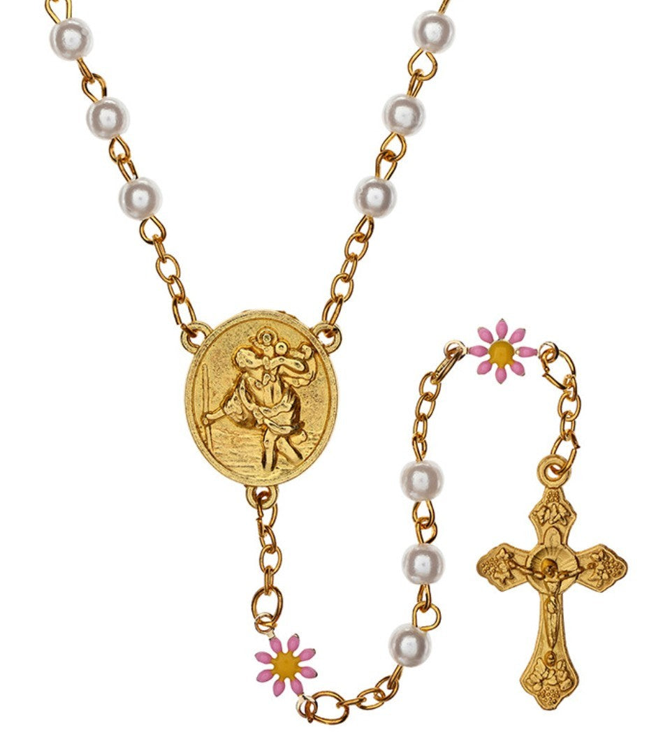 Faux Pearl with Daisies Guardian Angel & St Christopher Rosary, New Gftshp-94 - Journeys of Faith