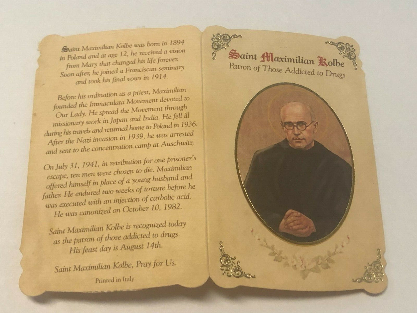 Saint Maximilian Kolbe(Patron St of Drug Addicts) Prayer Card+Medal, New#PCM-022 - Journeys of Faith