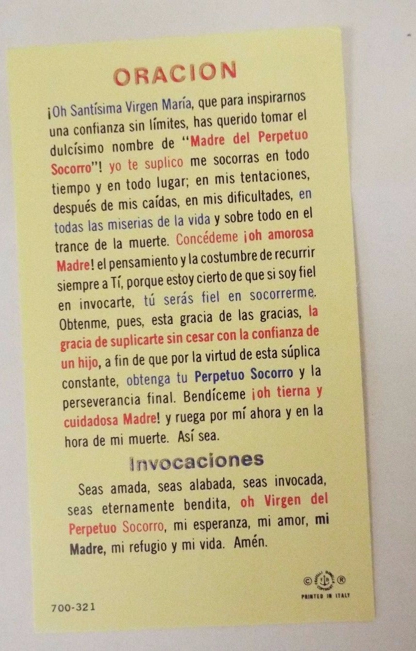 Virgen del Perpetuo Socorro Estampa de oración /Spanish Prayer,New - Journeys of Faith