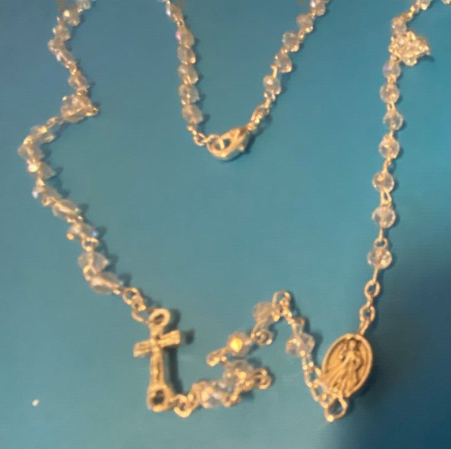 Divine Mercy Clear Glass Beads Rosary Necklace, New #MD-039 - Journeys of Faith