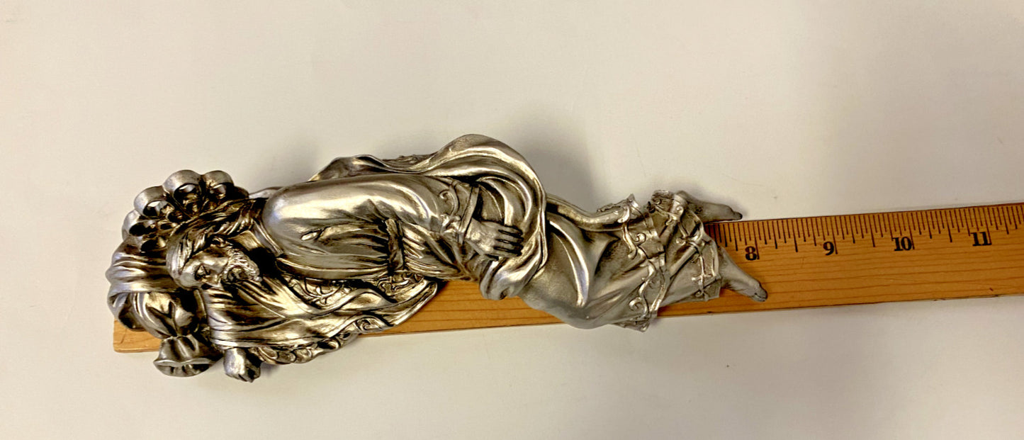 Antique silver resin Sleeping Saint Joseph statue, 8 inches tall, from Journeys of Faith, used as a Christian religious collectible figure.
