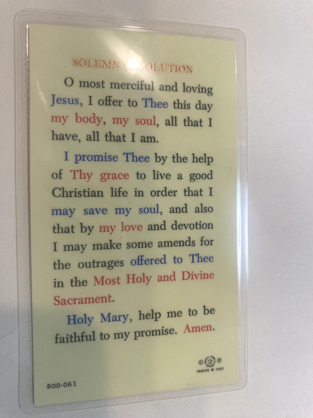 Sacred Heart Laminated/"Solemn Resolution" Prayer Card, New #PCL-39 - Journeys of Faith