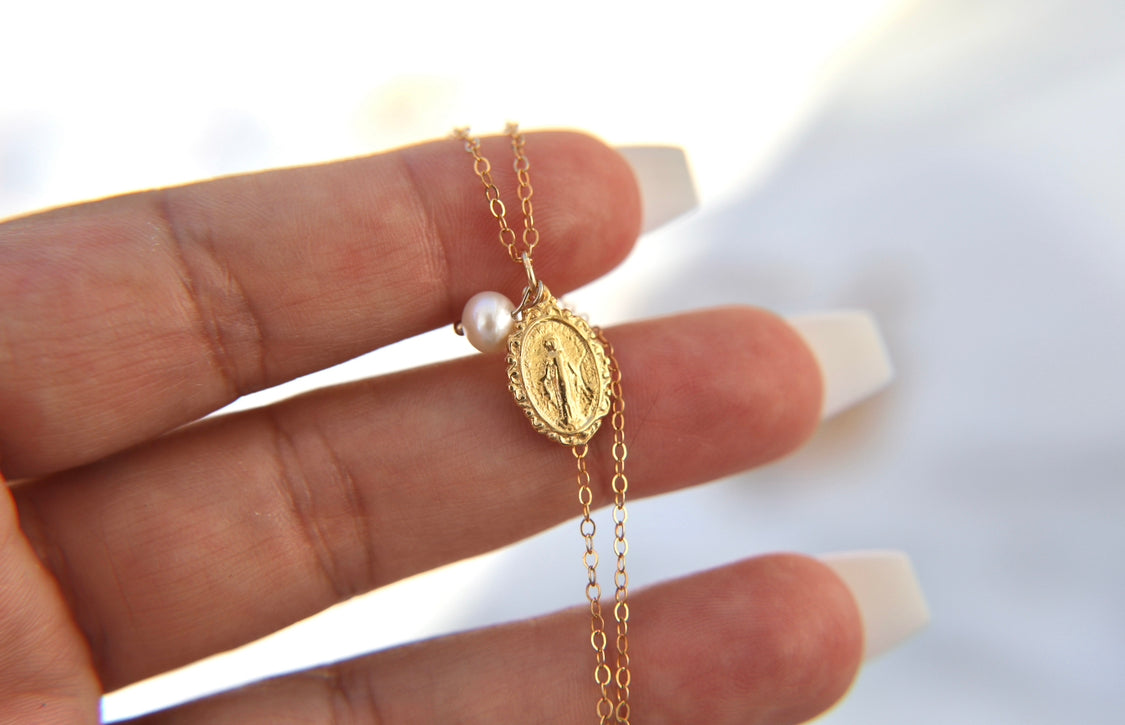 Intricate Miraculous Medal Necklace with Pearl - Journeys of Faith