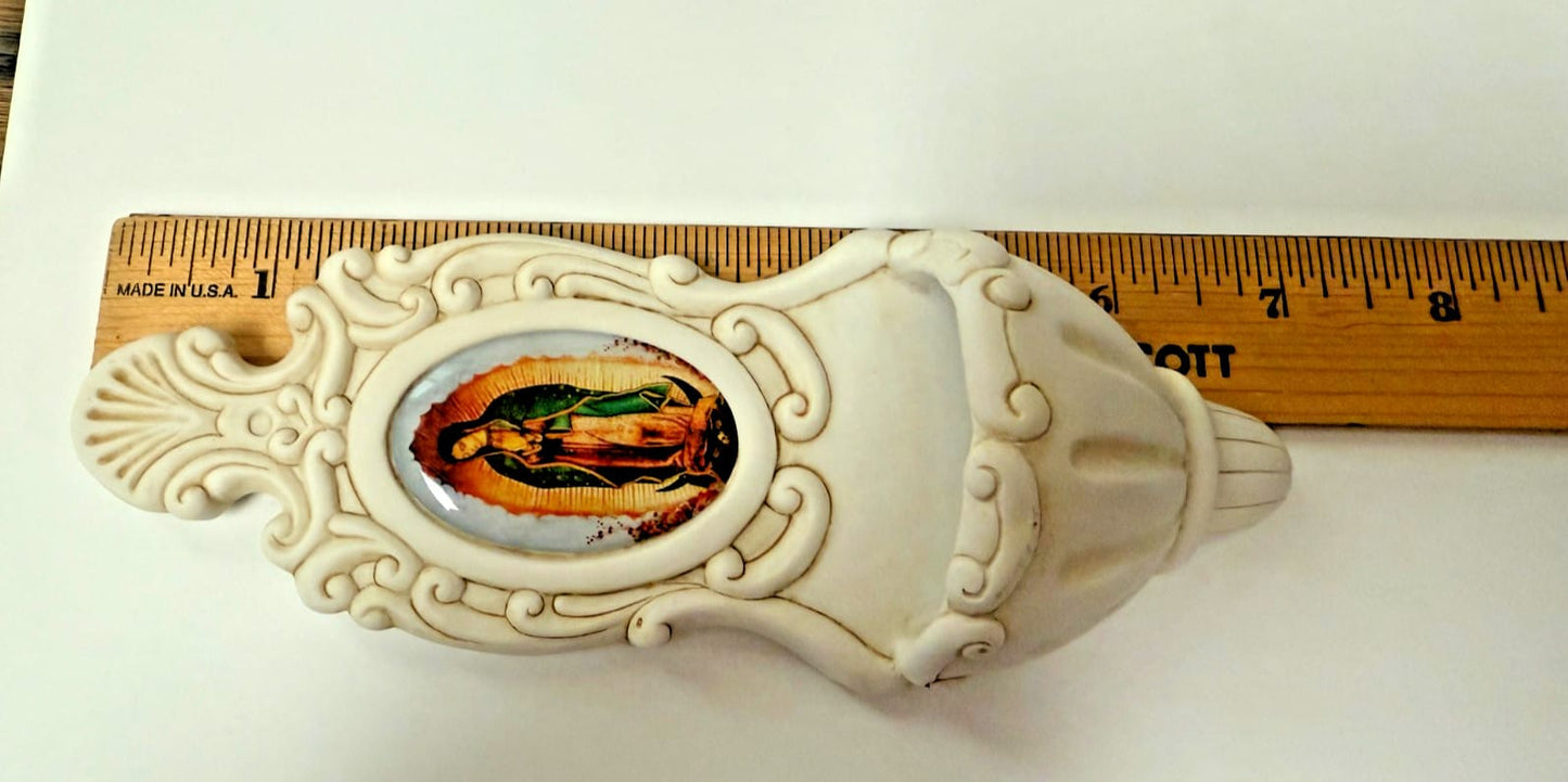 Our Lady of Guadalupe holy water font by Journeys of Faith, 6.75-inch religious ceramic font with detailed depiction of Our Lady.