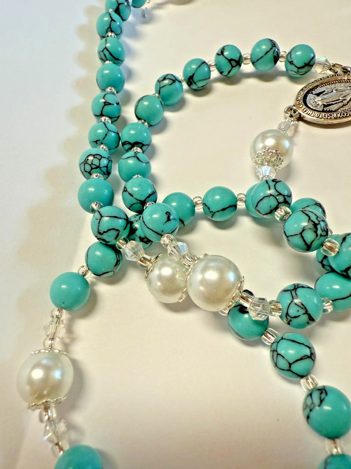 Our Lady of Grace, Aqua Blue Marble Rosary, New #Gftshp-115 - Journeys of Faith