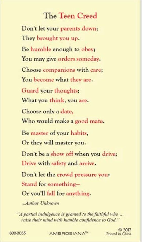 The Teen Creed Laminated Card, New #PCL-63