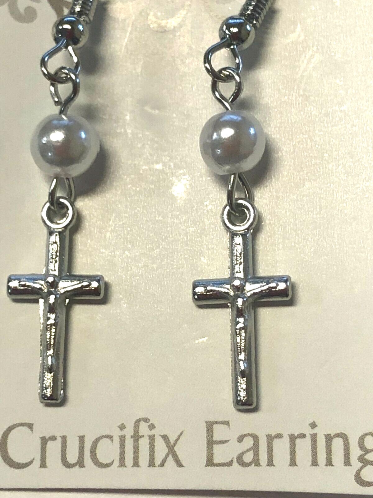 Crucifix & Faux Pearl Earrings, Silvertone, New - Bob and Penny Lord Journeys of Faith