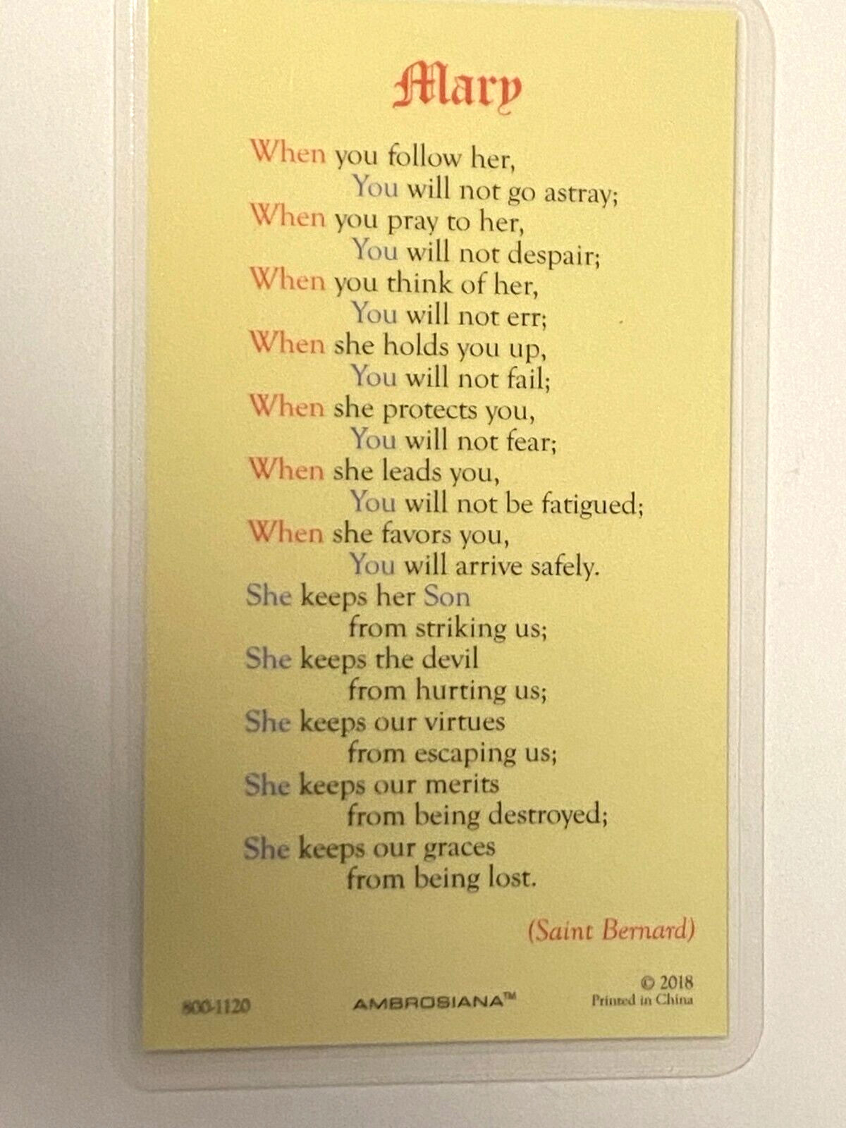 Immaculate Heart of Mary Laminated Prayer Card, New