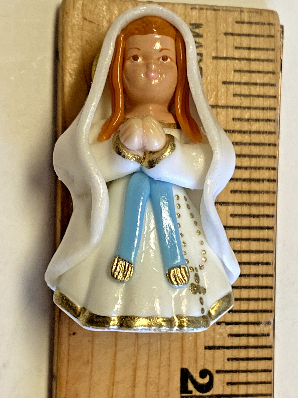 Miniature Our Lady of Lourdes figurine, 1.75 inches, Christian religious statue from Colombia by Bob and Penny Lord.