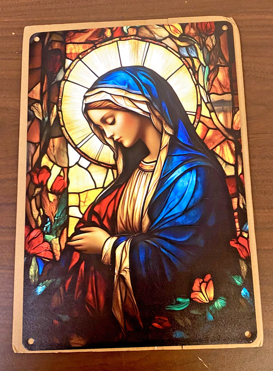 Virgin Mary on Stained Glass Style Image set on Aluminum, New #ALM-09
