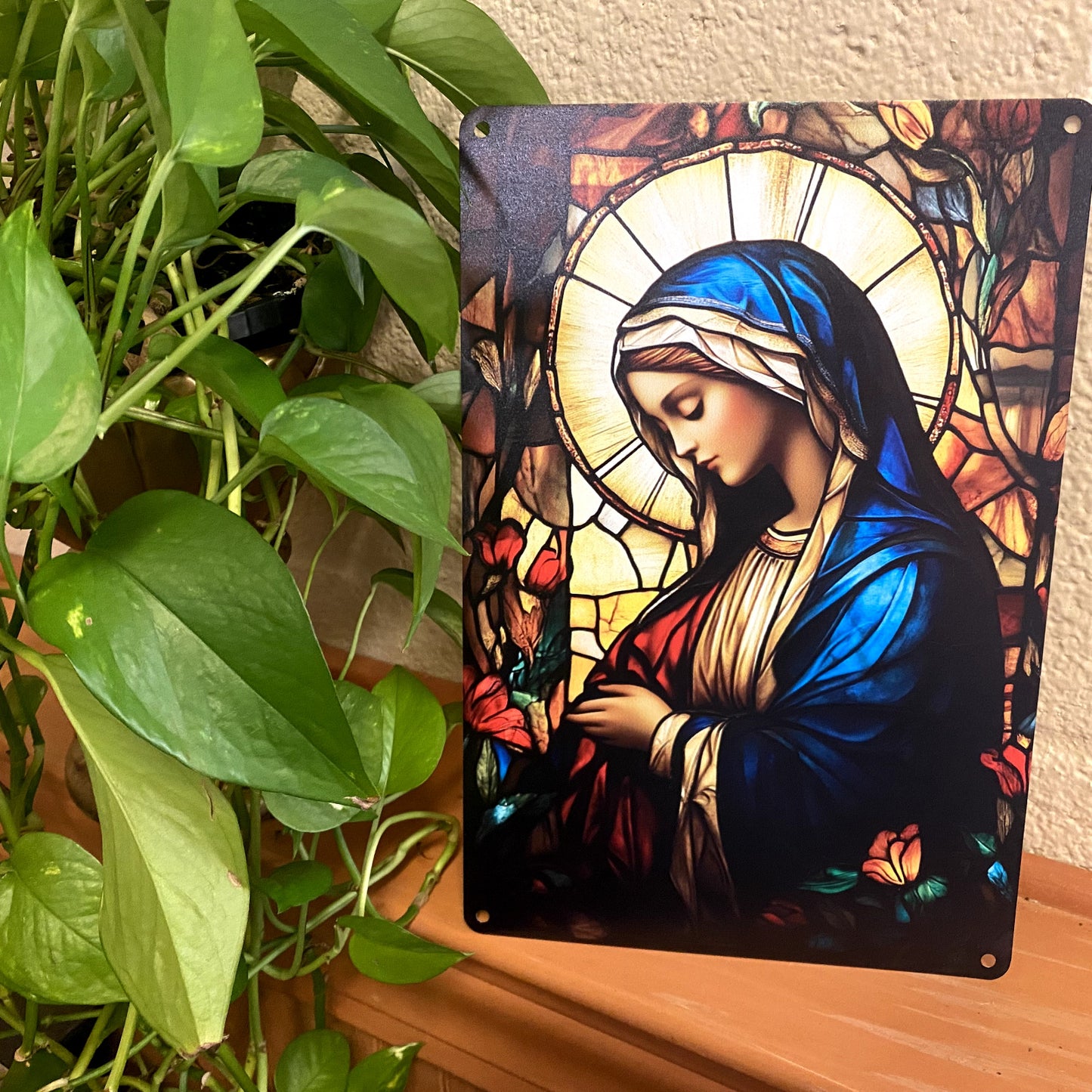 Virgin Mary on Stained Glass Style Image set on Aluminum, New #ALM-09