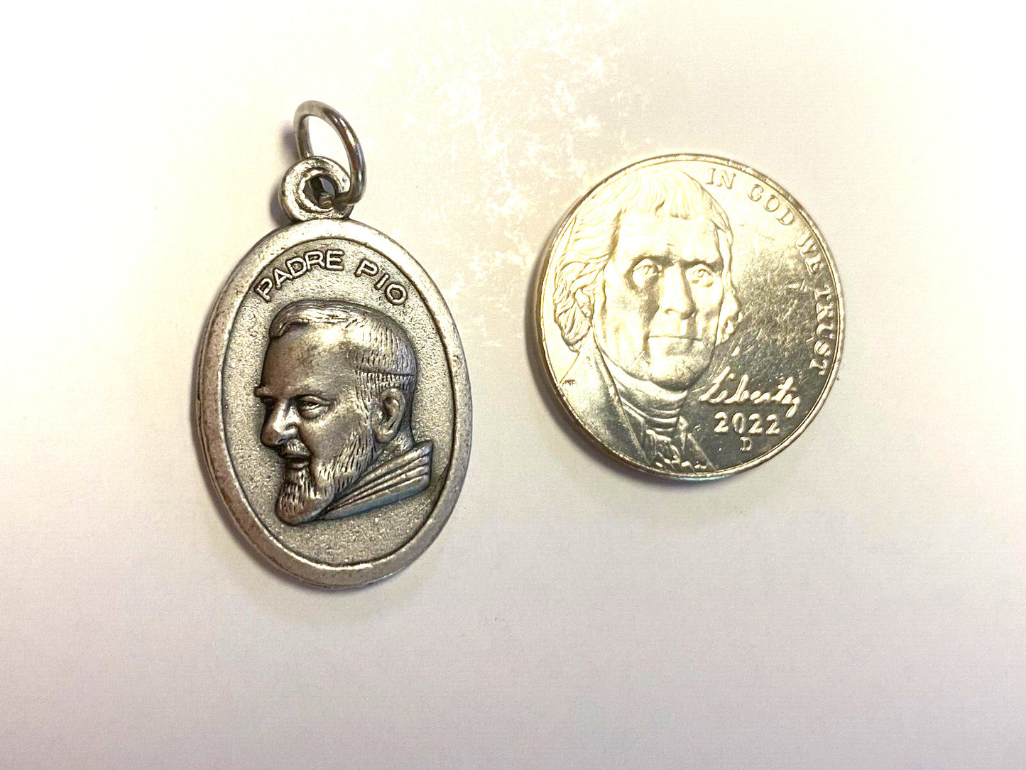 Padre Pio Silver tone oval medal, New from Italy