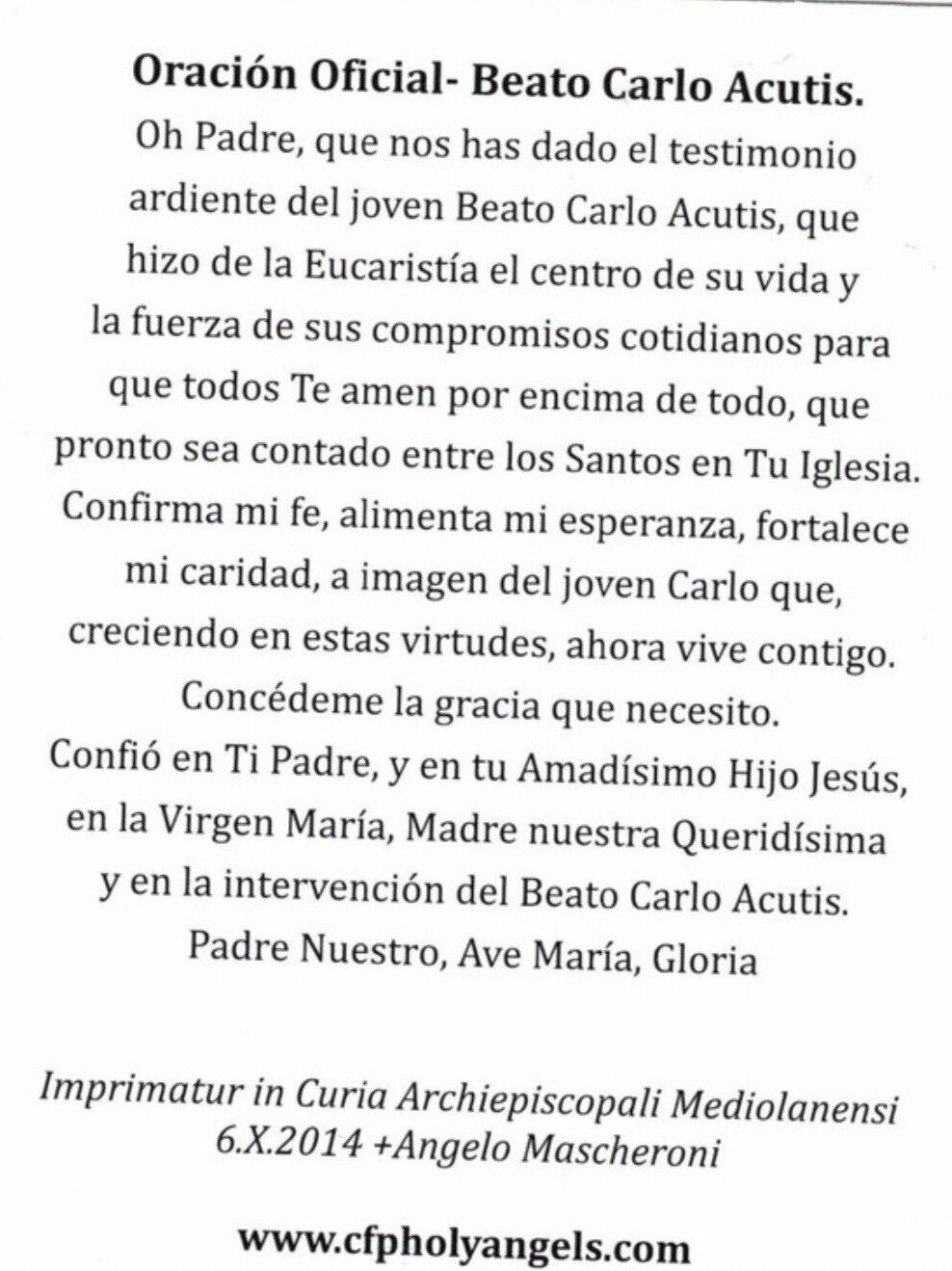 Beato Carlo Acutis,Apostol de la Eucaristia, Estampita de Oracion, New/Spanish #PC-108 - Journeys of Faith
