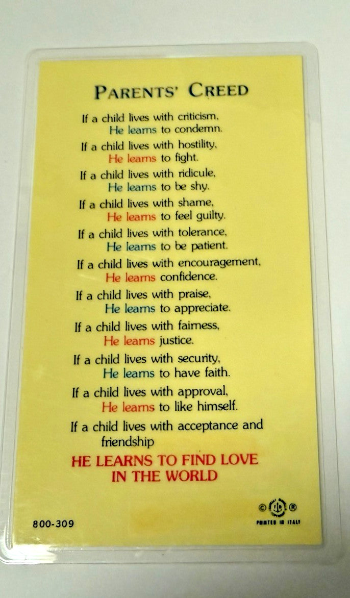 Holy Family "Parents Creed" Laminated Card New #PCL-51