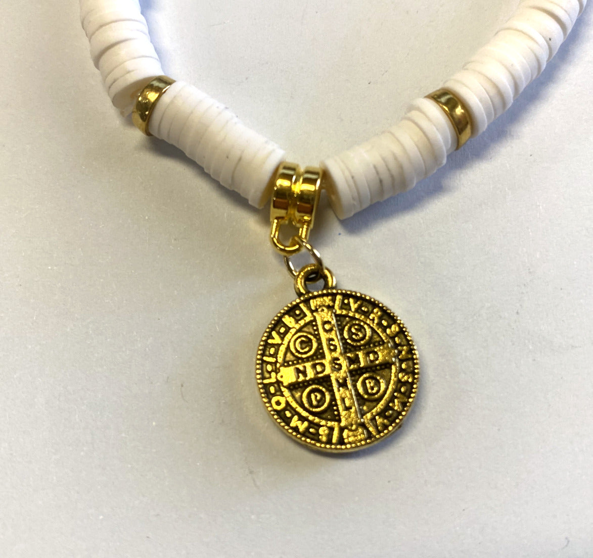 Saint Benedict Medal Puka Shell 7" Bracelet, New - Bob and Penny Lord