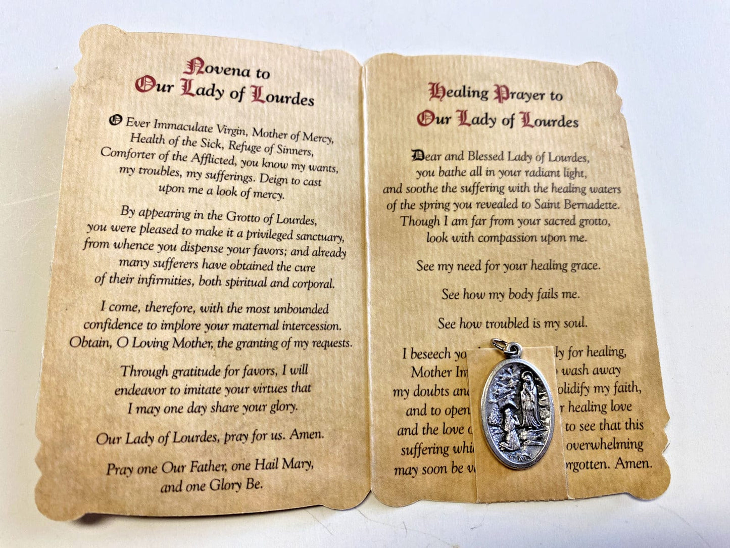 Our Lady of Lourdes "Suffering Illness Prayer" Card + Medal, New from Italy - Bob and Penny Lord Journeys of Faith