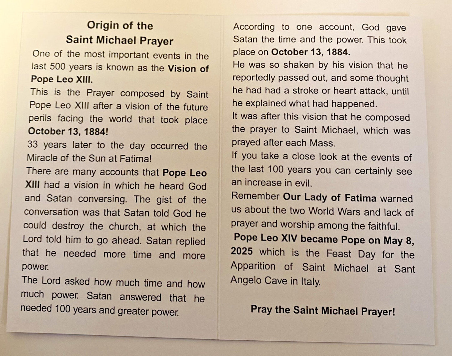 Origin of the Saint Michael Prayer, New - Journeys of Faith