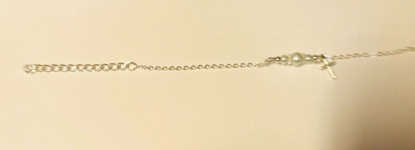 Children's Glass Pearl Bracelet with Cross Charm 7" Adjustable, New