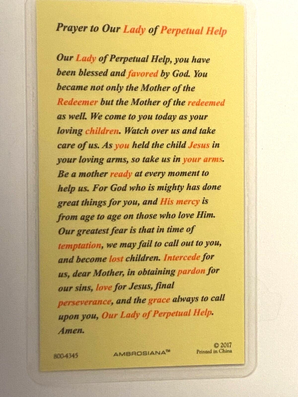 Our Lady of Perpetual Laminated Prayer Card, New - Bob and Penny Lord