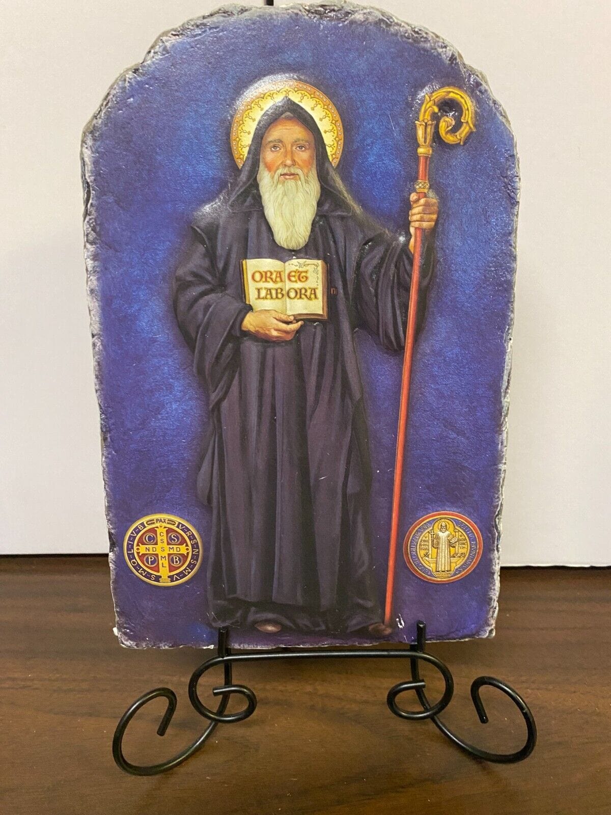 Saint Benedict Arched Tile Plaque with metal stand, New - Bob and Penny Lord
