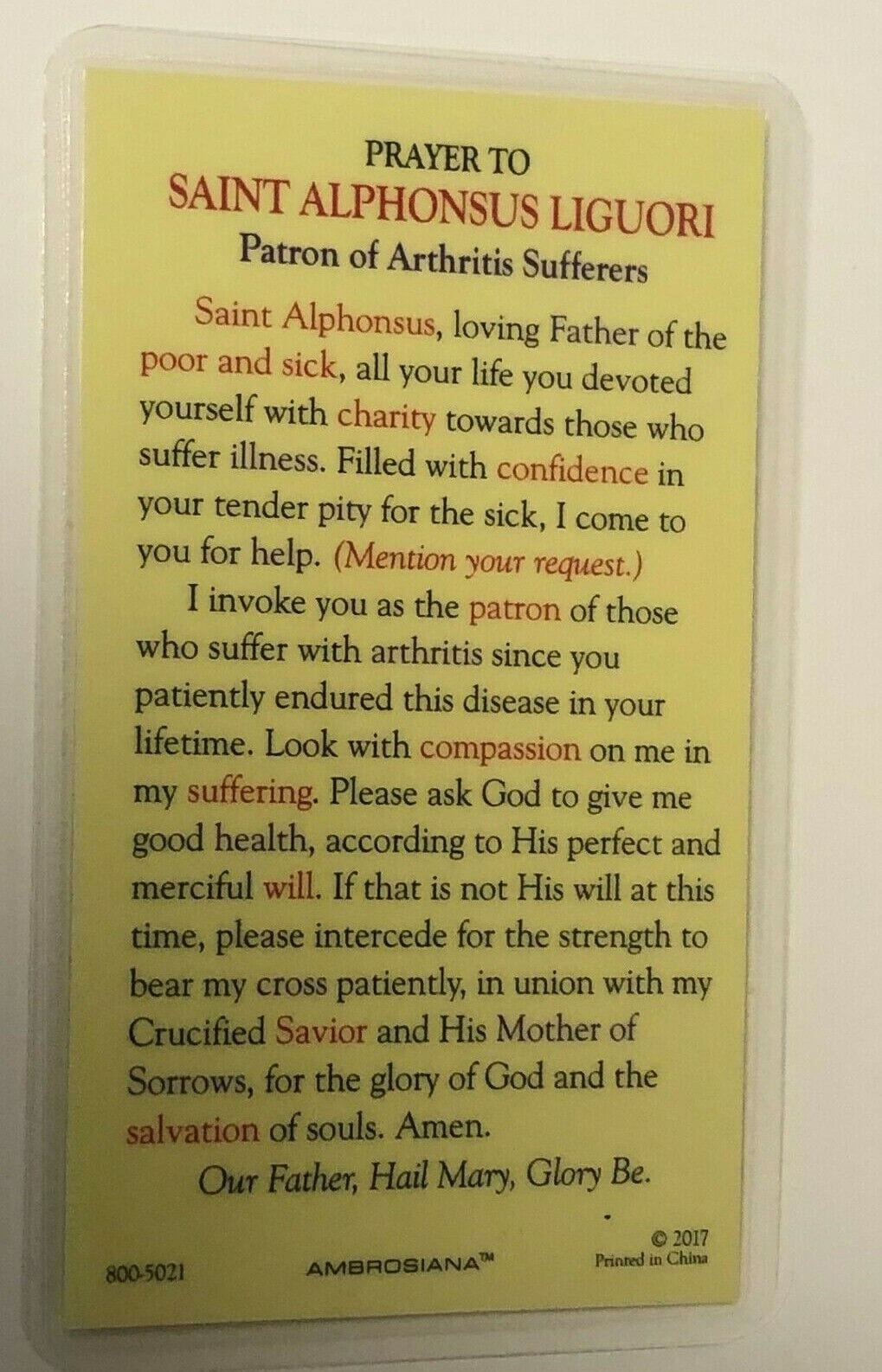 Saint Alphonsus Liguori, Patron of Arthritis Sufferers, Prayer Card, New - Bob and Penny Lord Journeys of Faith