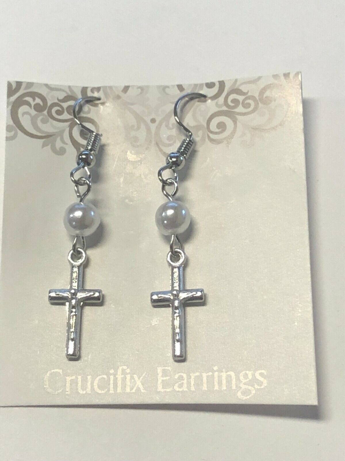 Crucifix & Faux Pearl Earrings, Silvertone, New - Bob and Penny Lord Journeys of Faith