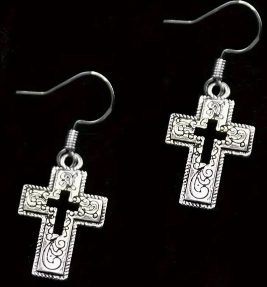 Vintage Hollow Cross  Dangle Earrings, New #AB-375-R2 - Journeys of Faith