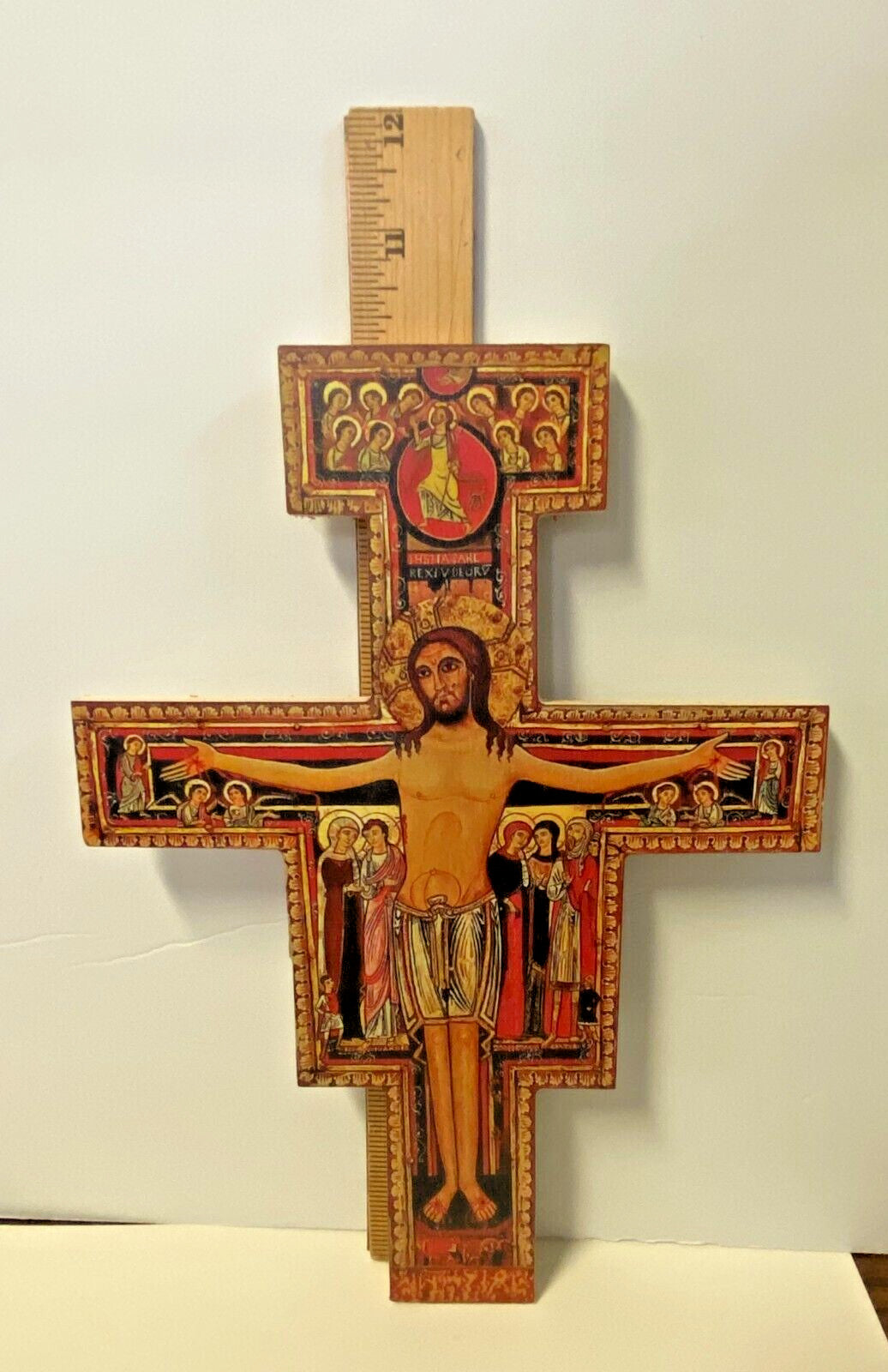 San Damiano wood 10-foot crucifix with detailed craftsmanship, created by Journeys of Faith, displayed as a religious Christian cross.
