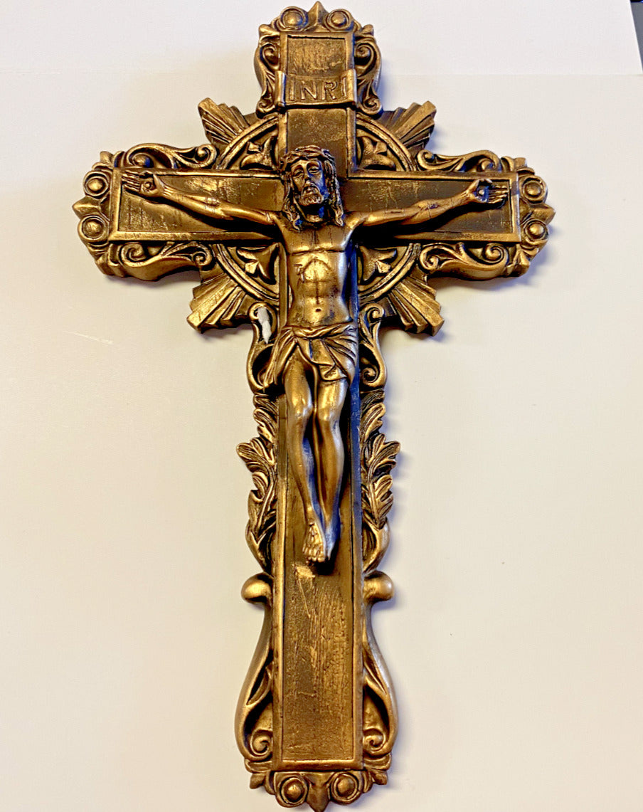 Bronze & Gold Flourish Accent, Wall Crucifix 9", New #AB-132