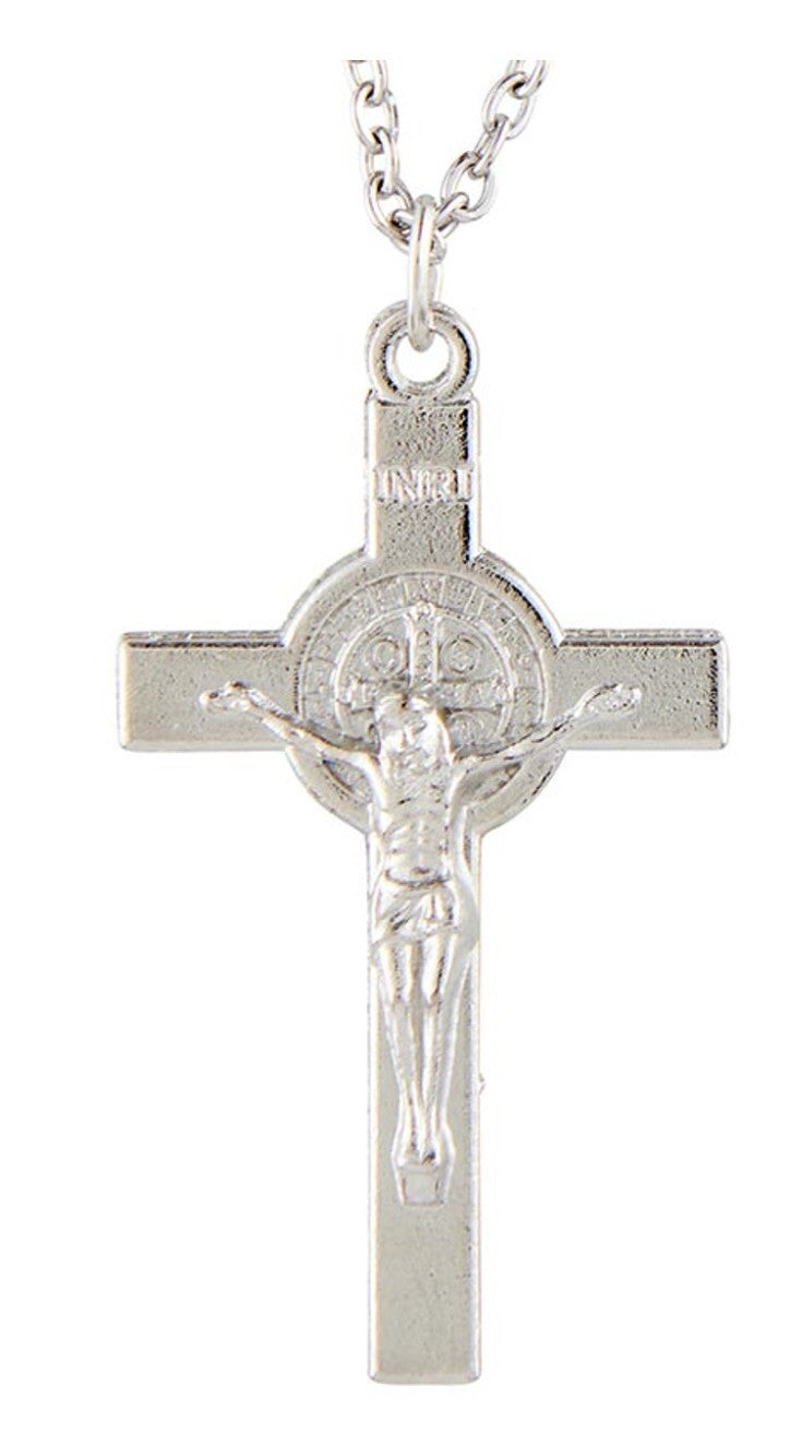 Saint Benedict Silver Crucifix 24" Necklace, New #AB-291-R2 - Journeys of Faith