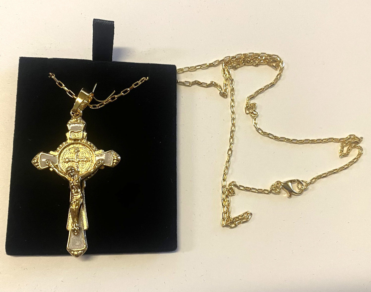 St Benedict 2.00" Crucifix, Brazilian Gold Plated 20" Necklace, New, Gftshp-16 - Journeys of Faith