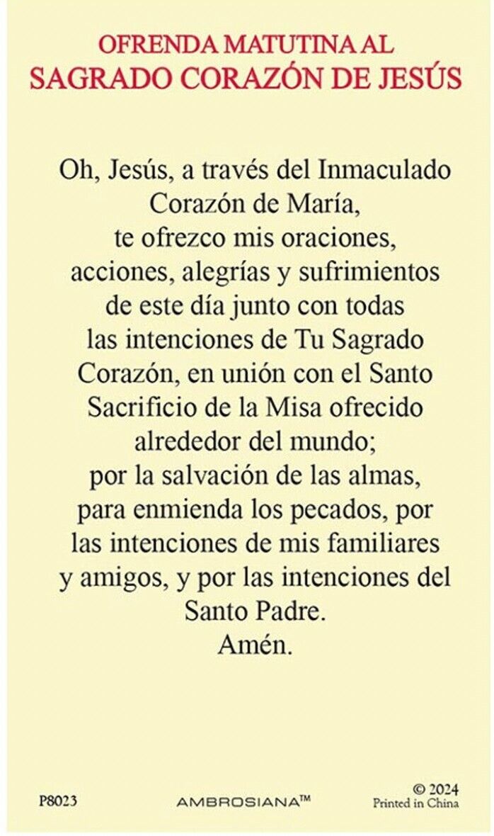 Sagrado Corazon de Jesus, Oración Matutina, Laminada en Español, Nueva #PCL-58