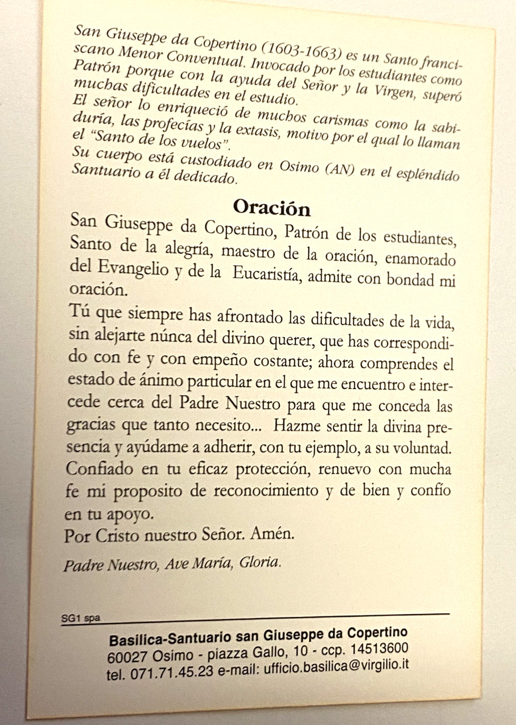 Oracion de San Jose de Cupertino, Nueva de Italia, en Español
