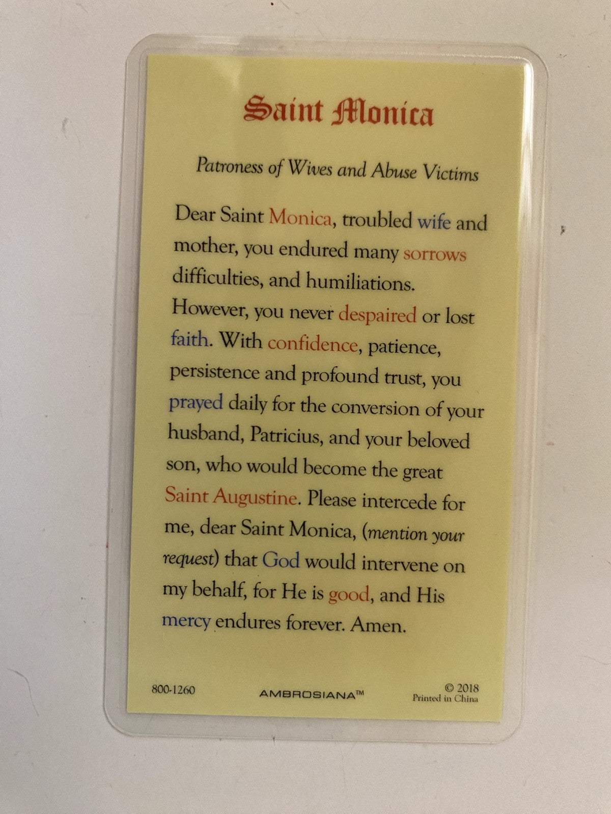 Saint Monica Laminated Prayer Card, New